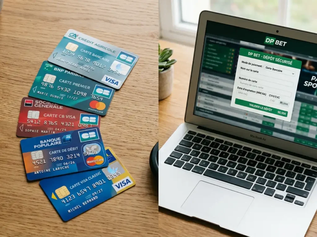 Logos de banques françaises alignés devant une carte VISA et un caissier de bookmaker