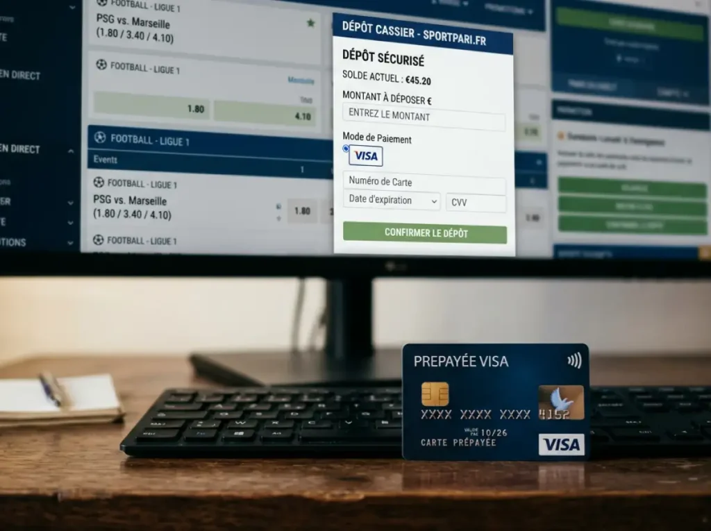Carte prépayée VISA posée sur un écran affichant le caissier d