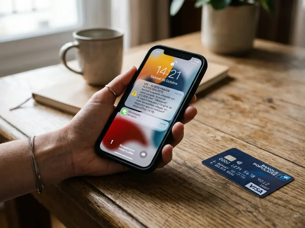 Carte VISA avec alerte de fraude sur un écran bancaire et notification de prélèvement suspect