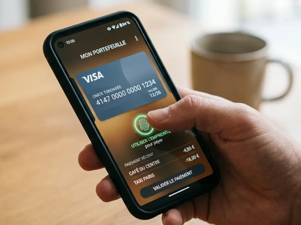 Téléphone mobile affichant Apple Pay et Google Pay avec une carte VISA tokenisée pour un dépôt bookmaker
