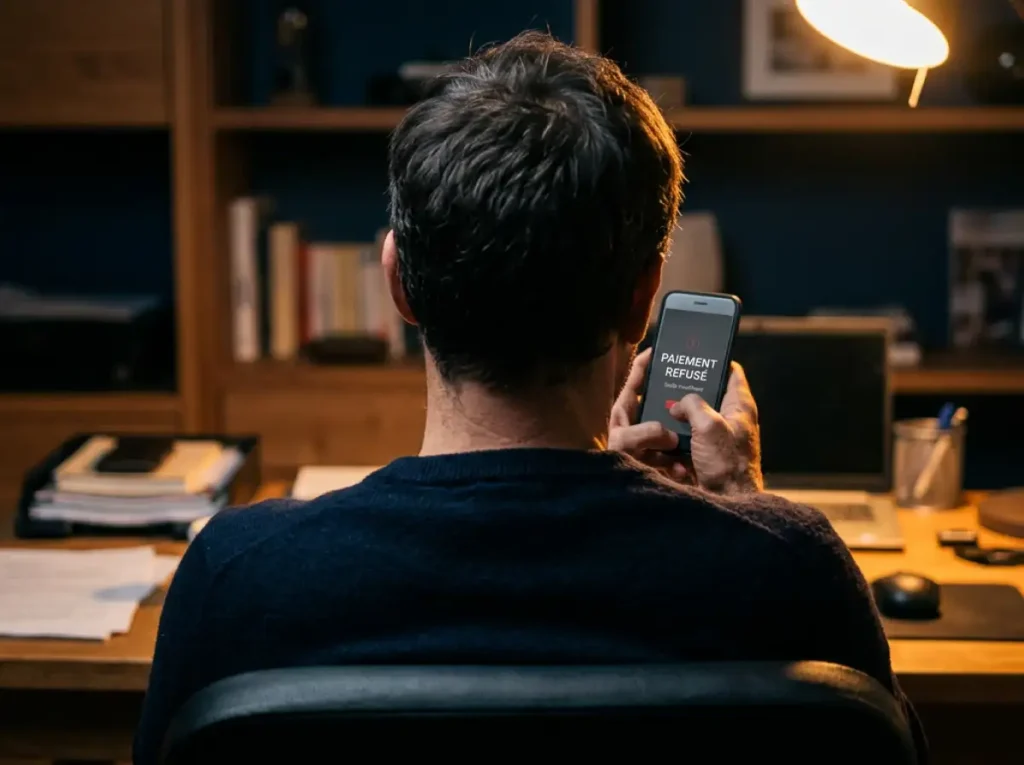 Parieur contrarié face à un message de paiement VISA refusé sur son smartphone