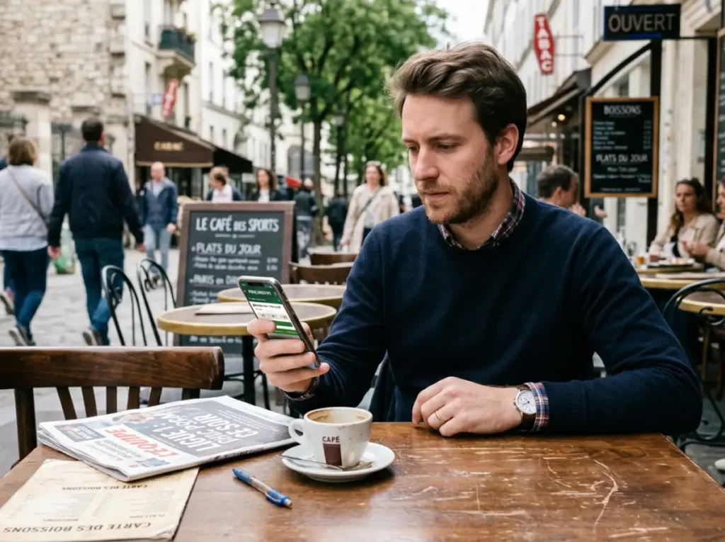 Jeune homme consultant son application de paris sportifs sur mobile avec un match de football en arrière-plan