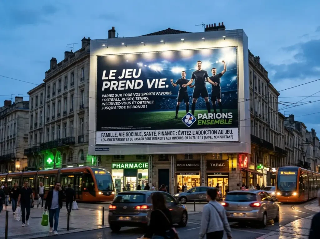 Panneau publicitaire urbain pour des paris sportifs avec mentions légales réglementaires en français