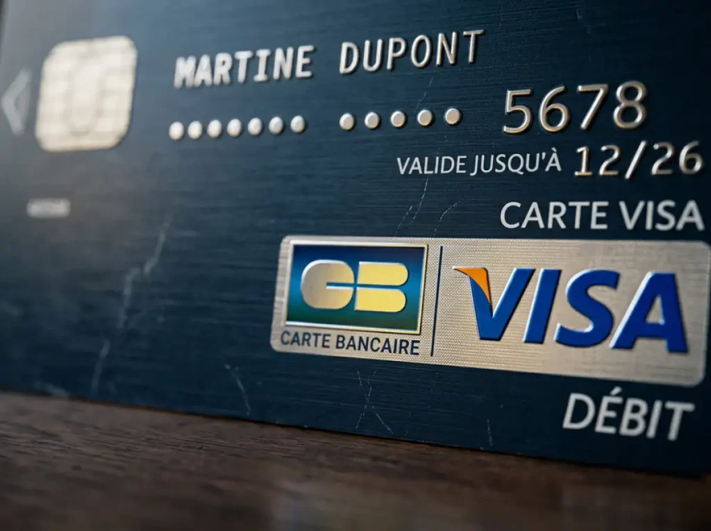 Carte bancaire affichant les logos CB et VISA côte à côte dans un angle de carte portée devant un écran de paiement