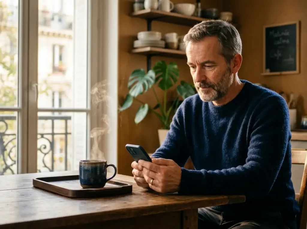 Parieur français consultant son smartphone le matin pour suivre l