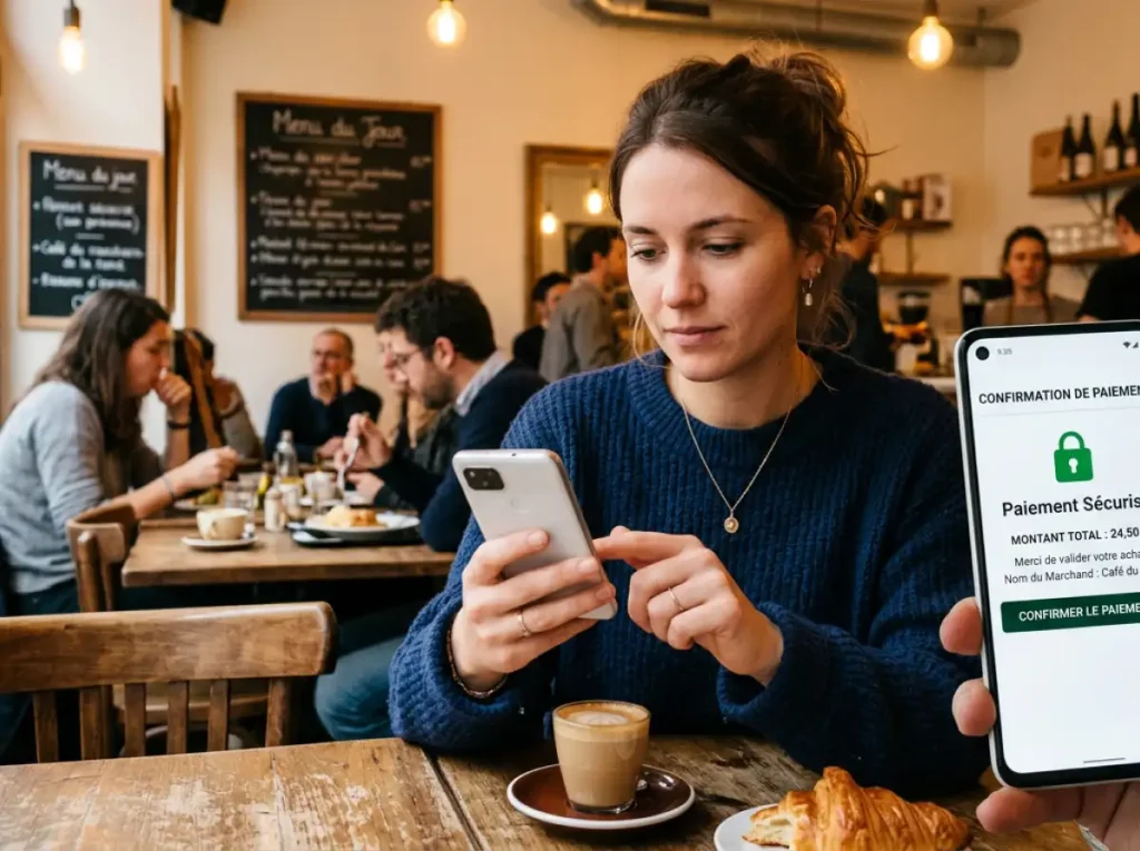Téléphone mobile avec alerte de sécurité sur un paiement bookmaker en cours, entouré d