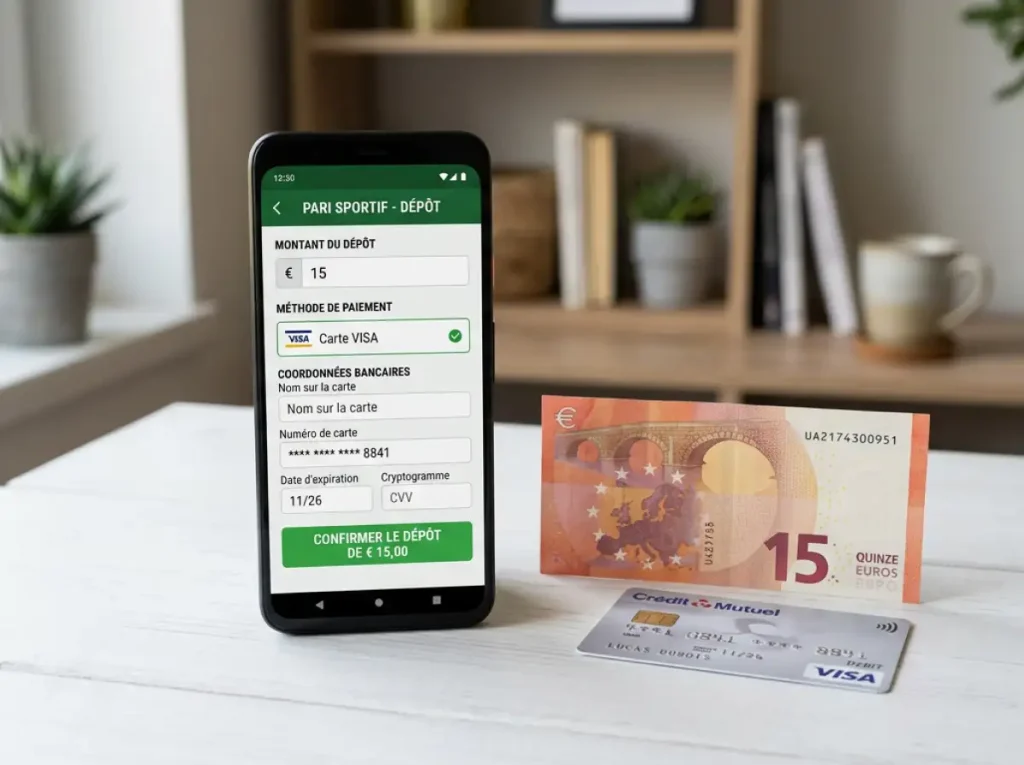 Smartphone affichant une page de dépôt bookmaker avec carte VISA et billet de 15 euros à proximité